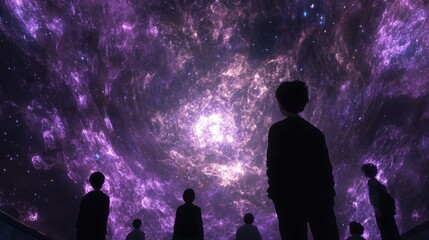 Wall Mural - silhouetted figures gaze at a swirling, purple galaxy.
