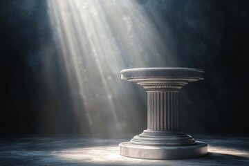 Wall Mural - Stone pedestal, sunlit, dark background.