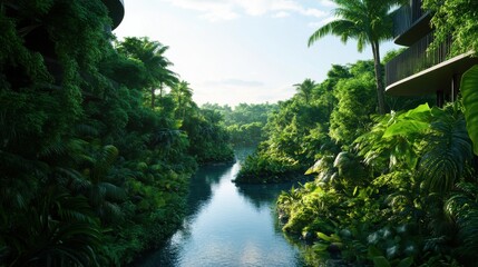 Wall Mural - A serene tropical landscape featuring lush greenery and a reflective waterway, bordered by modern architecture, under a clear blue sky.