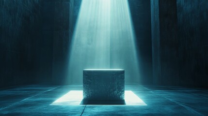 Poster - Illuminated block, teal room, stone walls, light beams.