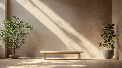 Wall Mural - Sunlit room with plants and wood bench.