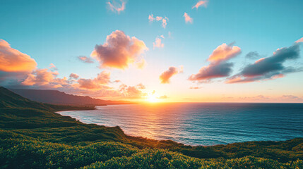 Wall Mural - A beautiful sunset over the ocean with a mountain in the background