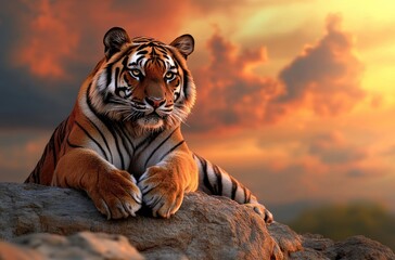 Poster - A majestic tiger sitting on rocks with a sunset sky background, showcasing its strength and beauty.