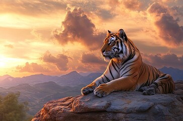 Poster - A majestic tiger sitting on rocks with a sunset sky background, showcasing its strength and beauty.