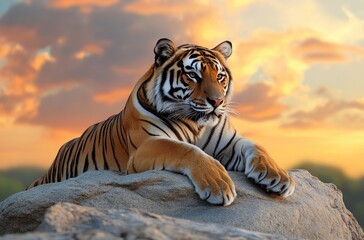 Poster - A majestic tiger sitting on rocks with a sunset sky background, showcasing its strength and beauty.