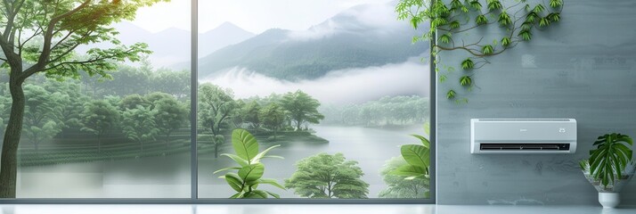 Aufkleber - Wall mounted air conditioner beside an open window offering views of lush trees and a serene river in the background. Generative AI