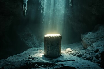 Poster - Dark cave, stone pedestal, light beam.