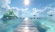 © Niki - A wooden bridge leading to an island in the middle of clear blue water, with white clouds and sunshine