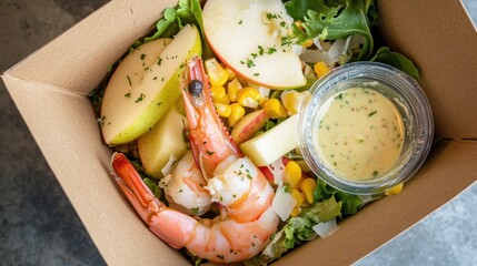 Top view of a fresh salad bowl with shrimp, apple slices, corn, and green leaves in a brown paper container, paired with a cup of creamy dressing, highlighting a healthy takeaway meal.