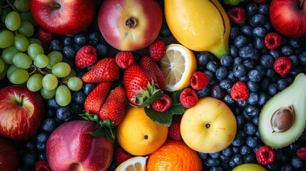 Poster - Colorful assortment of fresh fruits including berries, grapes, and avocado