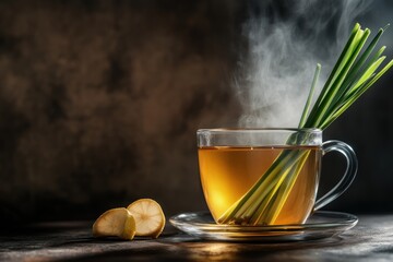 Wall Mural - Steaming lemongrass tea with lemon.