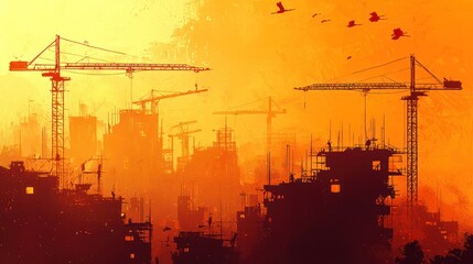 Wall Mural - City under construction with cranes and birds silhouetted against a warm sunset.