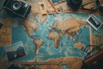 Poster - Travel memories displayed on a world map backdrop with empty space for design ideas. Generative AI