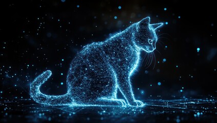 Wall Mural - blue digital cat illustration, particle rendering on dark background.