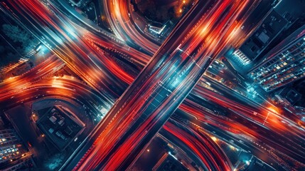 Wall Mural - Aerial view of light trails on an urban freeway at night.