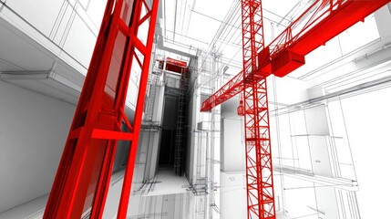 Architectural sketch with red crane and elevator shaft.