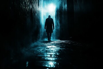 Poster - Solitary figure walks dark alley, glowing exit.