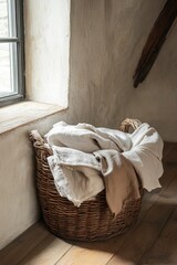 Wall Mural - Wicker Basket with White Linen