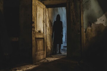 Poster - Shadowy figure stands in decaying building doorway.