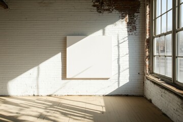 Wall Mural - Square grunge canvas frame mockup on white brick wall with large window in loft studio room