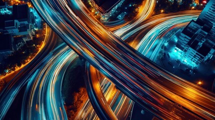 Wall Mural - Elevated highway with light trails at night.