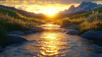 Wall Mural - Sunset over mountain stream.