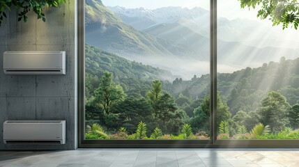 Aufkleber - Air conditioner mounted on wall near open window overlooking green mountains and morning sunlight. Generative AI