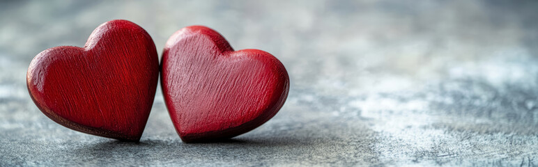 Wall Mural - Two glossy red hearts made of stone on a concrete background with copy space.
