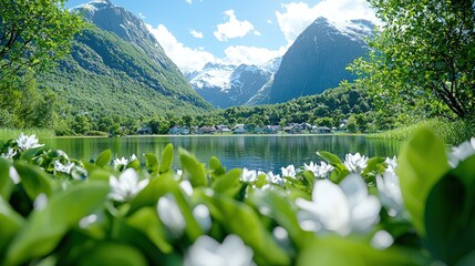 Poster - Idyllic village nestled in a fjord valley, surrounded by lush greenery and snow-capped mountains.