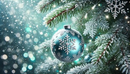 Wall Mural - Beautiful christmas ornament hanging on a snowy fir tree branch with twinkling lights and snowflakes, creating a magical and festive atmosphere