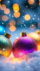 Wall Mural - Colorful, glittering christmas ornaments rest on a bed of snow, illuminated by warm, festive bokeh lights, creating a magical holiday atmosphere