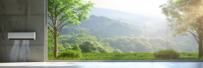 Leinwandbilder - Air conditioner mounted on wall with open window overlooking lush green landscape during daylight. Generative AI