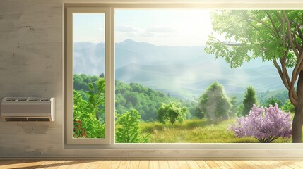Leinwandbilder - Air conditioner mounted on wall beside open window showcasing beautiful mountain view and greenery. Generative AI