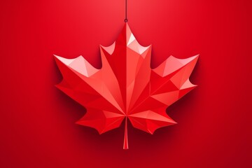 low poly red maple leaf hanging from a string on a red background, celebrating canada