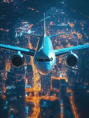 Poster - Airplane flying over city at night