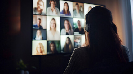 Wall Mural - virtual meeting with multiple participants showcased on screen during a work session in a cozy setti