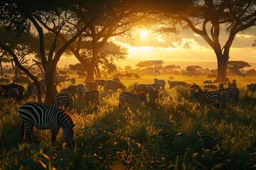 Group of zebras in the wild at sunset, Kruger Park, South Africa