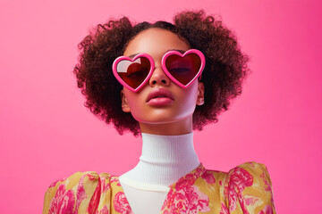 Stylish young female with curly hair and heart-shaped sunglasses against pink background