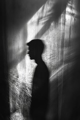 Poster - Silhouette, textured wall, light, shadow, somber mood.