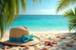 © marynaillustrator - Tropical beach scene with a straw hat adorned with a blue ribbon on a sandy shore, surrounded by starfish and seashells, with palm trees and turquoise water in the background.