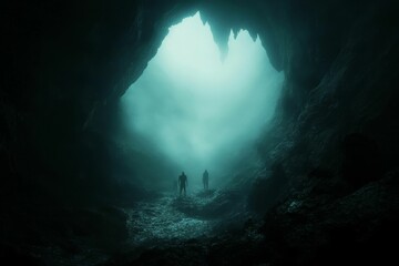 Poster - Figures silhouetted, misty cavern, ethereal light.