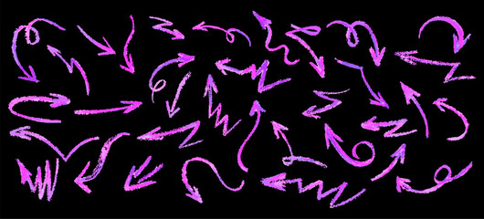 Wall Mural - neon purple arrows set. wax crayon drawing grafitti elements in acid pink color. collection of vecto