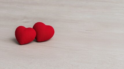 Wall Mural - Two red hearts on light wood.