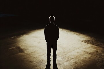 Poster - Silhouette stands, illuminated spot, dark floor.