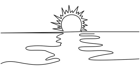 Wall Mural - one line drawing of sunset at beach vector, sun on sea beach one black continuous line, sunset and s