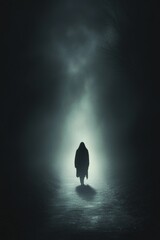 Wall Mural - Silhouette walks foggy path, dark night.