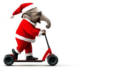 Wall Mural - Cartoon elephant wearing a Santa hat is riding a red scooter. The elephant is smiling and he is enjoying the ride