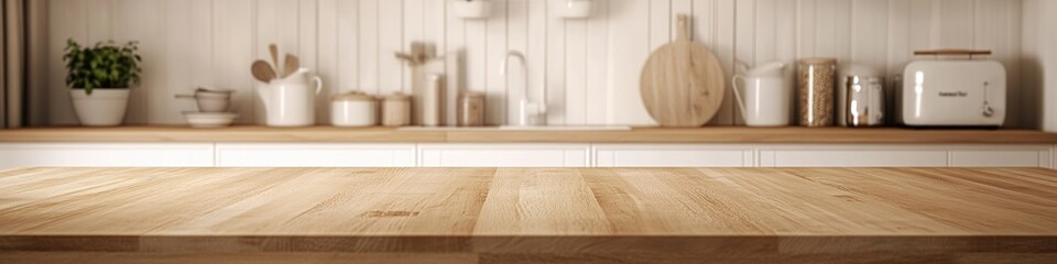 Wall Mural - scandinavian kitchen with wooden countertops white cabinets and few accessories placed neatly