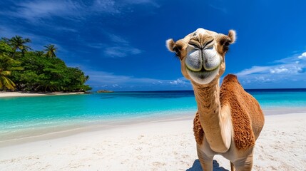 Camel is standing on a beach with a blue ocean in the background. The camel is smiling and looking at the camera