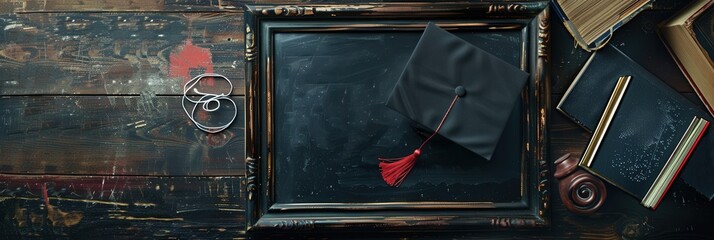 Poster - Graduation celebration with framed portrait and school items on a rustic wooden table. Generative AI